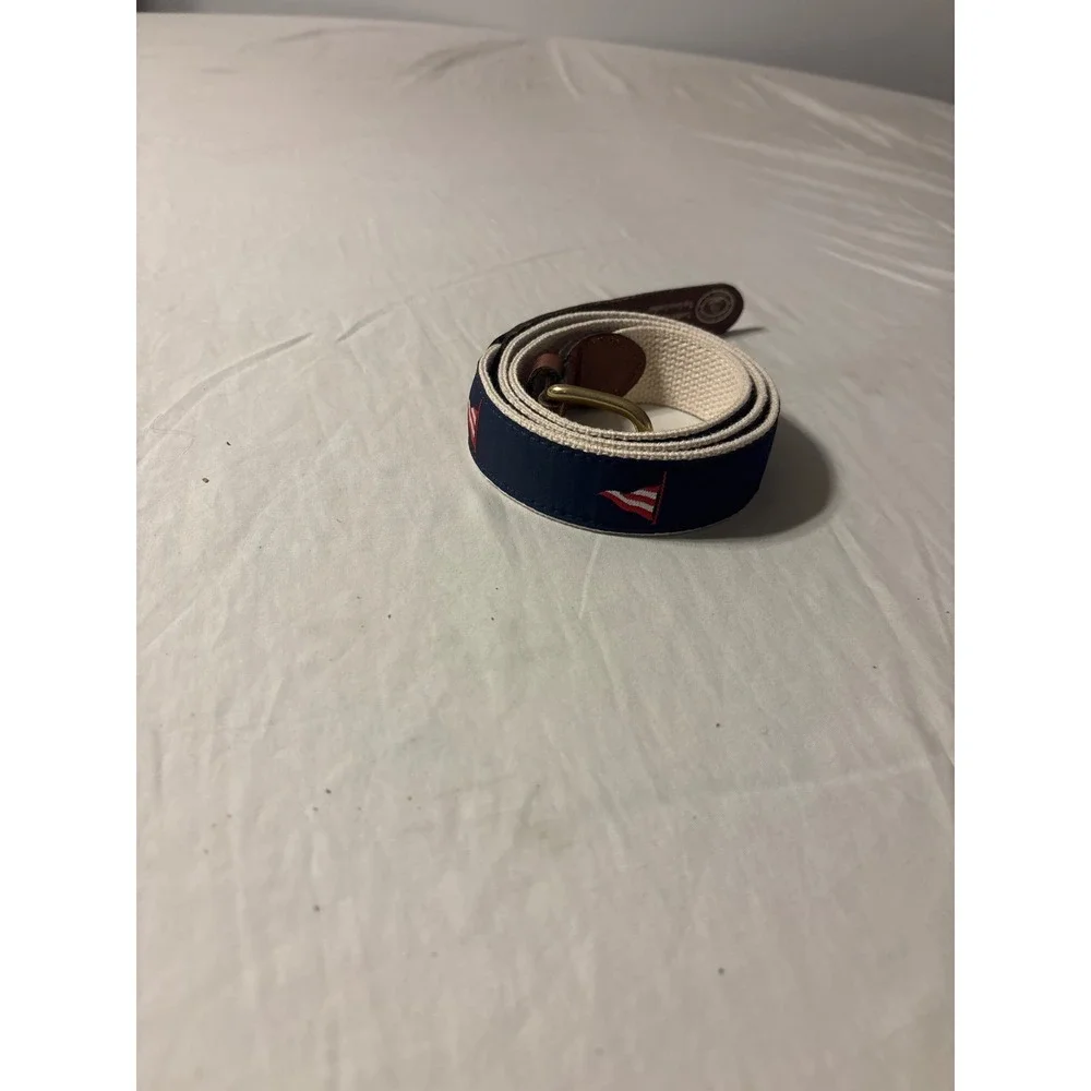 Leather Man Ltd Nautical Flag Belt Mens 40 Navy Blue Cream Leather Good Preppy